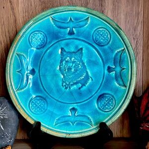 Celtic wolf and raven shallow bowl dish raku pottery handmade